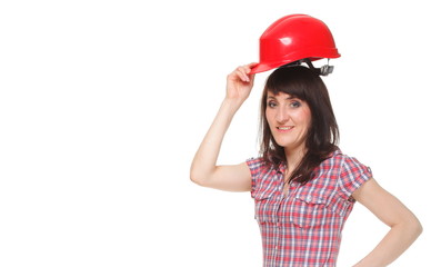 Woman holding red helmet