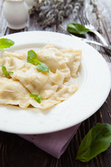 square ravioli with ricotta and basil leaves