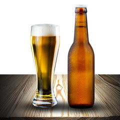 Glass and bottle of beer on wood table