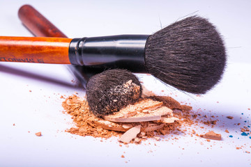 close up of a  make-up accessories -powder, eyeshadow,lipstick