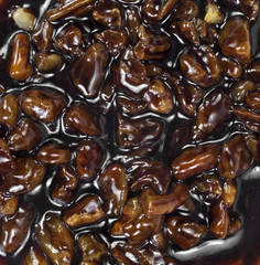 Close view pecans in chocolate