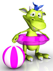 Cute cartoon monster wearing bathing ring.