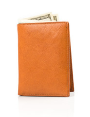 Banknotes dollars in leather brown purse on white