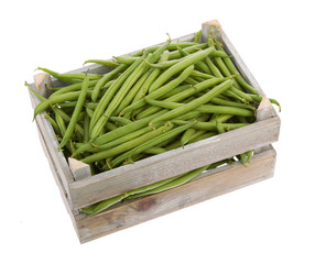 wooden crate with Fresh green beans viewed from above