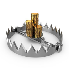 Risk concept. Golden coins on bear trap.