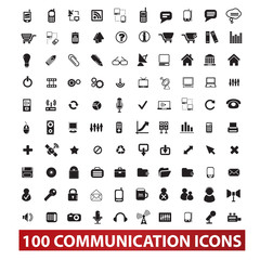 100 communication and connection icons set, vector