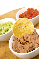 Food Appetizers Chips Salsa Refried Beans Guacamole Wood Cutting