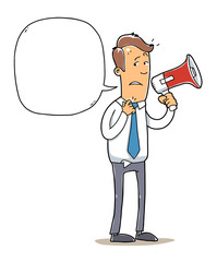 nervous public speaker. confused man with a megaphone