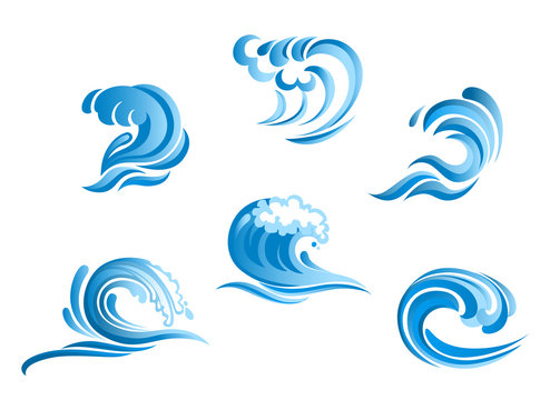 Set of blue surf ocean waves