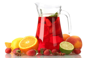 sangria in jar with fruits, isolated on white