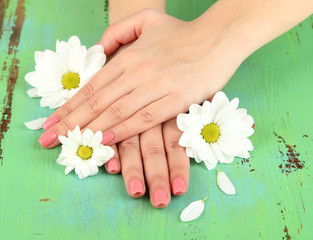 Woman hands with pink manicure and flowers, on color background