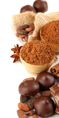 Composition of chocolate sweets, cocoa and spices, isolated