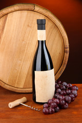 Composition of corkscrew and bottle of wine, grape, wooden