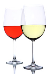 Red and white wine glasses isolated on white