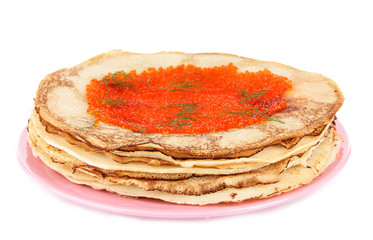 Delicious pancakes with red caviar isolated on white