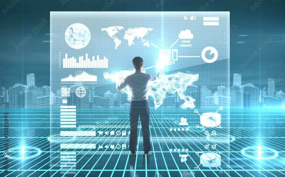 Poster man presses interface, high resolution