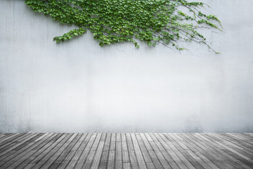 Old wall and green ivy on wood floor background