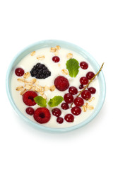 healthy breakfast: bowl of cerial with yogurt or milk