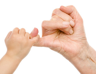 Senior and Young Hands Promise. friendship of generations.