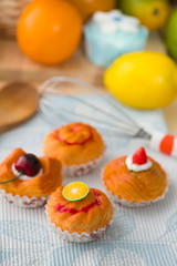 fruit tart bread mixture with wooden background of raw materials