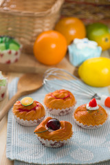 fruit tart bread mixture with wooden background of raw materials