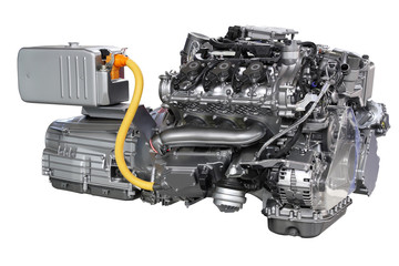 car hybrid engine isolated on white - obrazy, fototapety, plakaty