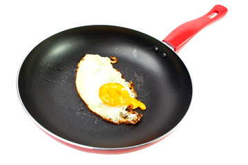 red frying pan with fried egg