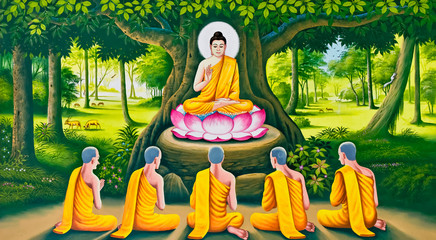 The Buddha's teaching image on Thai temple wall