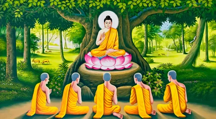Poster Het leerbeeld van de Boeddha op de Thaise tempelmuur © joeyphoto