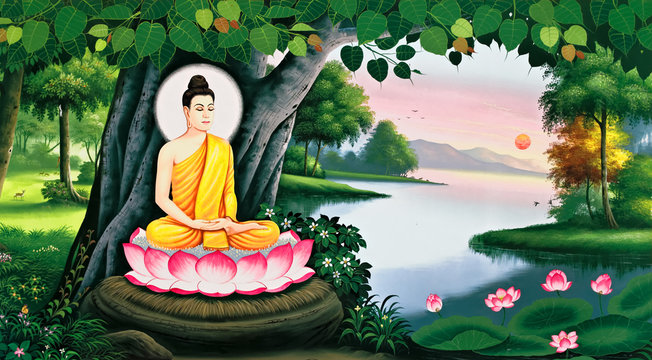 The meditation of Buddha image on Thai temple wall