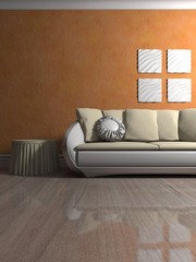 Wohndesign - Sofa weiß vor orangener Tapete