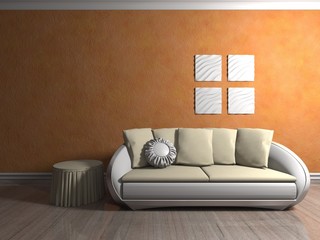Wohndesign - Sofa weiß vor orangener Tapete