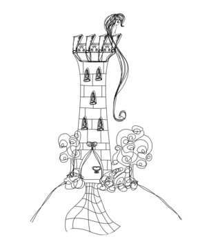 Illustration of princess in tower waiting for Prince