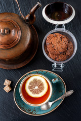 Tea, chocolate chip cookies and vintage teapot