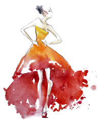 Red dress fashion illustration, watercolor painting - 51448156