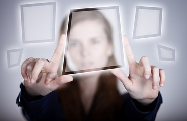 Woman's two hands pointing button, touch screen