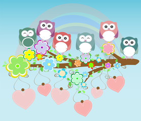 owls birds and love heart tree branch