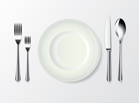 white plate, spoon, fork, knife photo-realistic vector