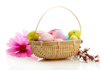 Beautiful easter eggs and apricot blossom in basket, isolated