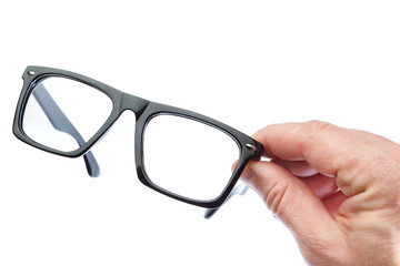 A man holds Glasses. On a white background.