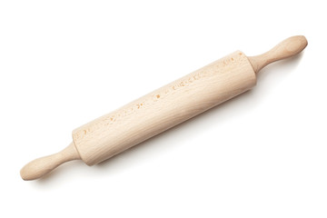 Wooden rolling pin for the dough. On a white background.