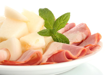 parma ham and melon, isolated on white