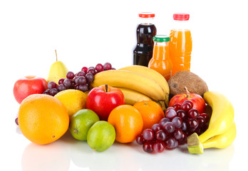 Different fruits and juice isolated on white