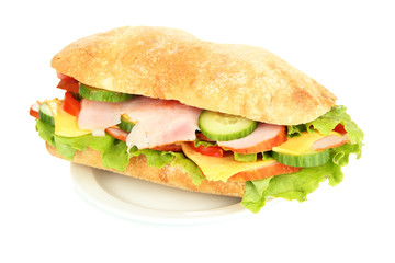 Fresh and tasty sandwich with ham and vegetables isolated