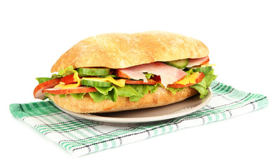 Fresh and tasty sandwich with ham and vegetables isolated