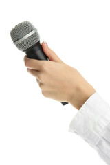 female hand with microphone isolated on white