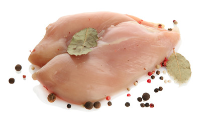 raw chicken meat with spices, isolated on white