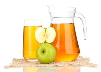 Full glass and jug of apple juice and apples isolted on white