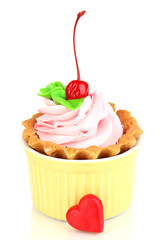 Cake with cherry in bowl for baking isolated on white