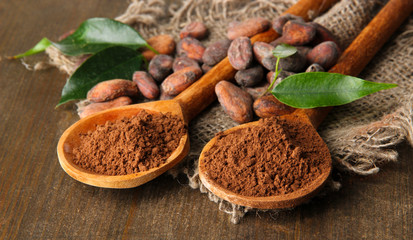 Cocoa powder and beans in spoons on wooden background